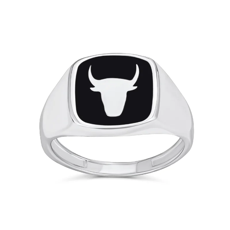 women’s band ring-Mens Silver Ring with Black Onyx Gemstone and Longhorn Skull in Sterling Silver