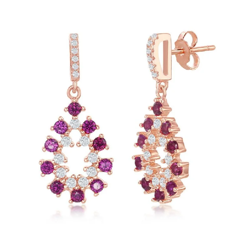 women’s wedding earrings-Sterling Silver Rose Gold plated Ruby CZ Pear Shaped Earrings