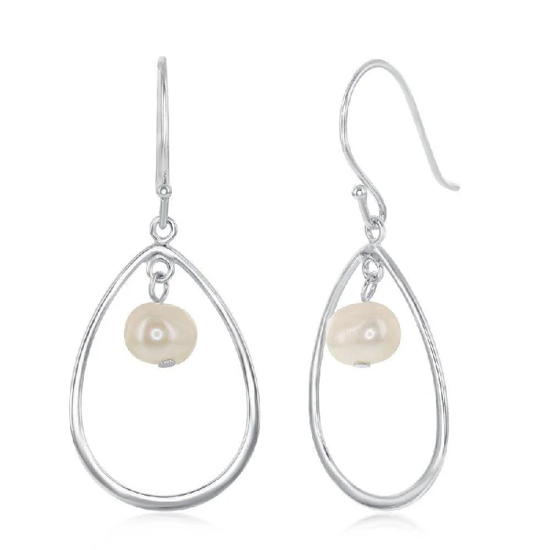 women’s platinum earrings-Sterling Silver Open Pear Shape with Pearl Earrings