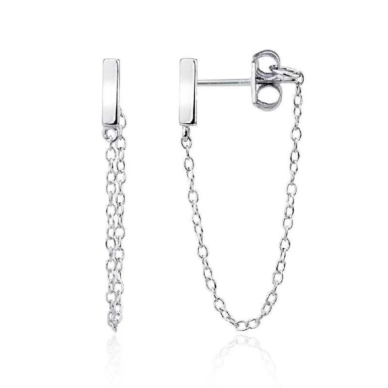 women’s dangling crystal earrings-Sterling Silver Bar Stud with Looping Chain Earrings