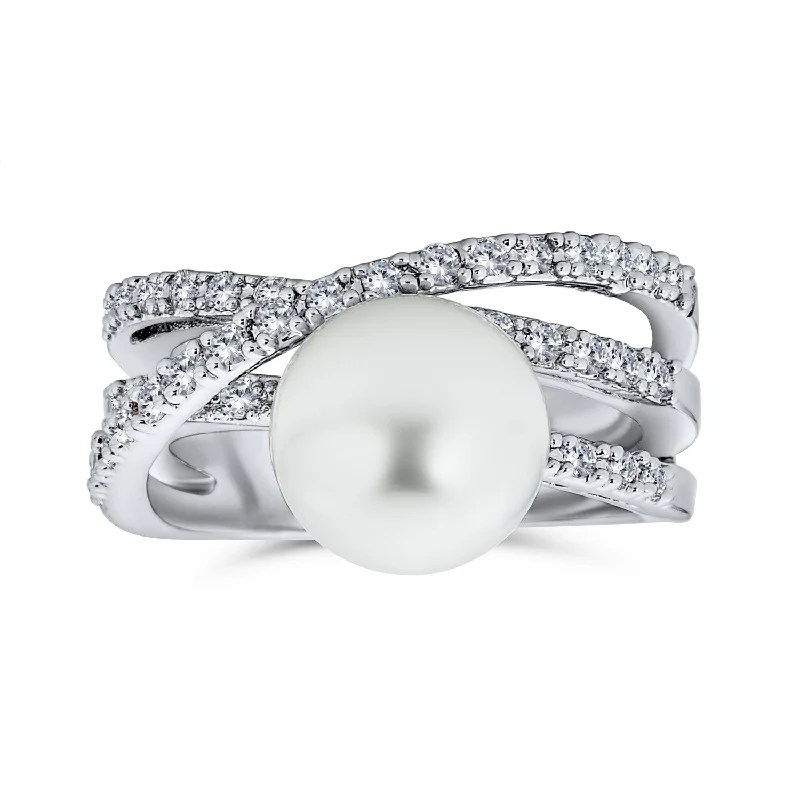 women’s carved ring-Geometric Criss Cross CZ Cocktail Statement Ring with Simulated Pearl Silver Plated