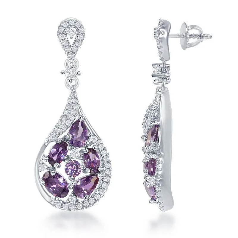 women’s rhinestone stud earrings-Sterling Silver Purple CZ Teardrop Earrings