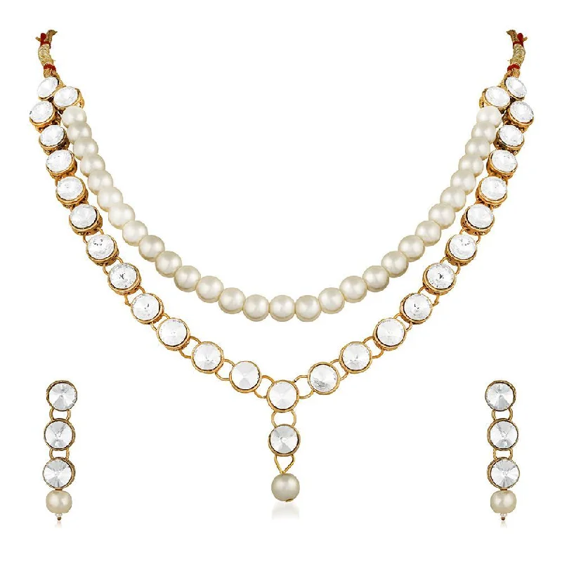 women’s chunky necklace-Mahi Traditional Jewellery Kundan and Artificial Pearl Necklace Set with Earrings for Women (VNCJ100247WHT)