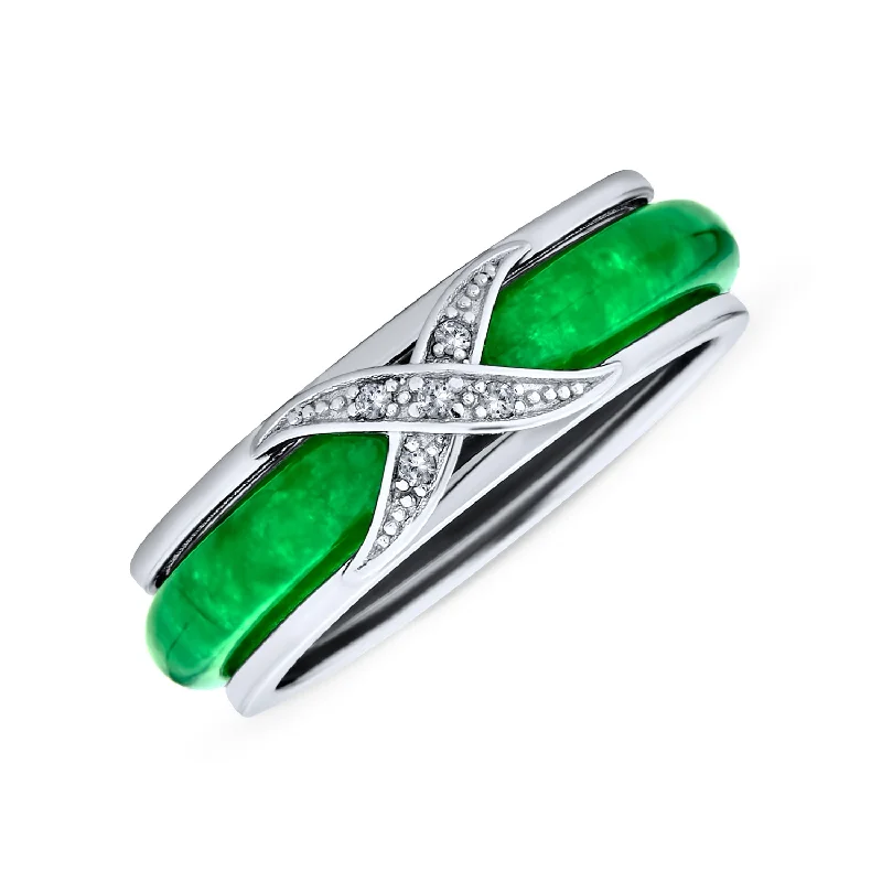 women’s vintage diamond ring-Pave CZ Accent Criss Cross Cocktail Statement Ring with Green Jade Band in Sterling Silver