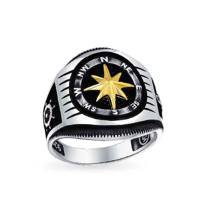 women’s band ring-Two Tone Mens Silver Ring Nautical Boat Wheel Viking Compass Signet Black Gold