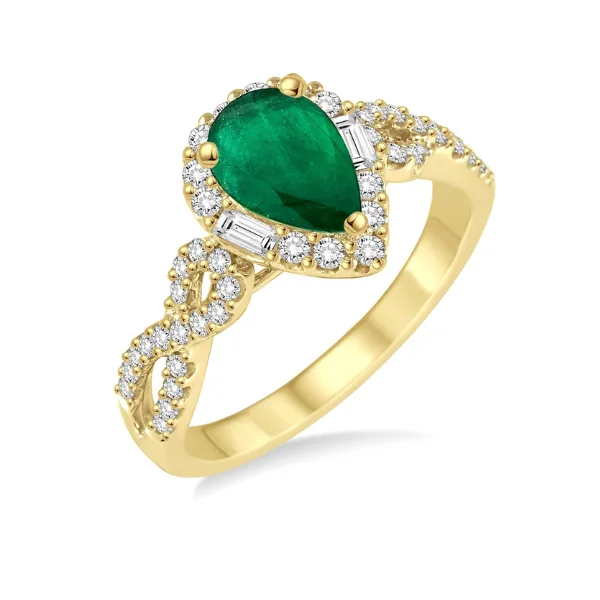 7x5 MM Pear Shape Emerald and 1/2 Ctw Diamond Ring in 14K Yellow Gold