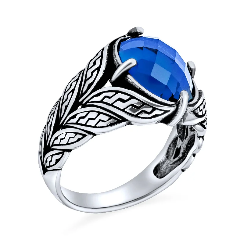 women’s sterling silver wedding ring-Unisex Mens Stainless Steel Vintage Oval Blue Sapphire CZ Ring Oxidized Silver