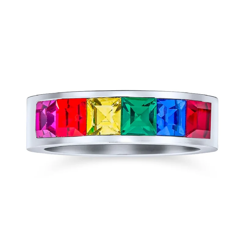 women’s gemstone statement ring-Mens Stainless Steel Rainbow Ring LGBTQ Wedding Band Unisex Pride Month Jewelry