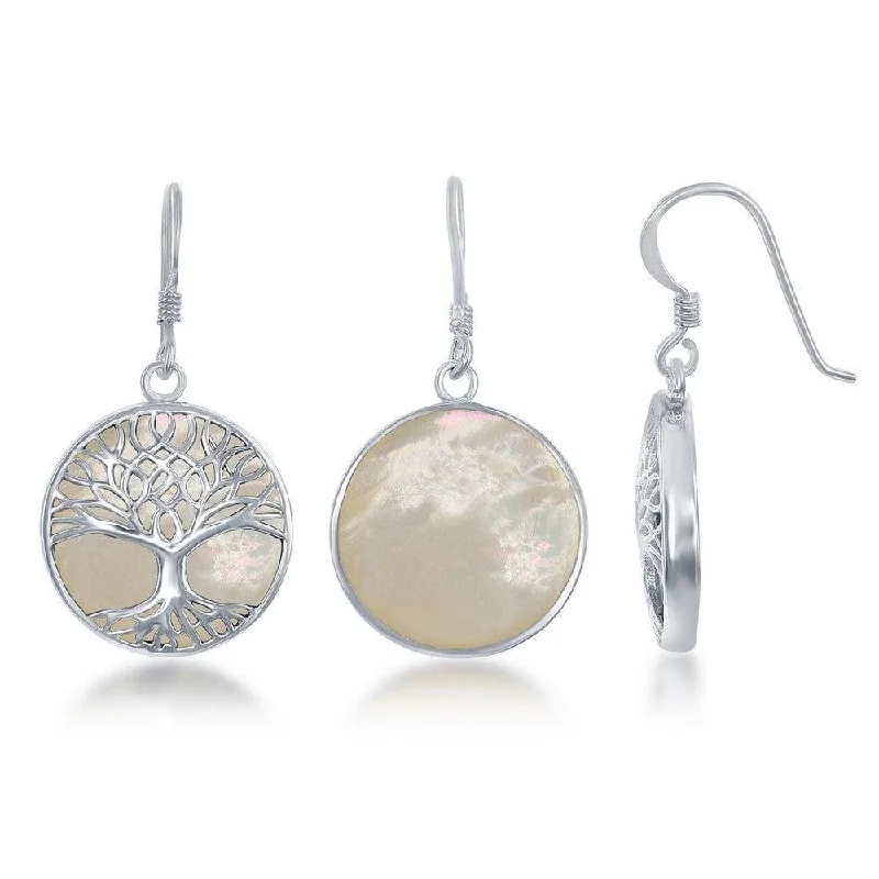 women’s silver hoop earrings-Sterling Silver White MOP and Tree of Life Earrings