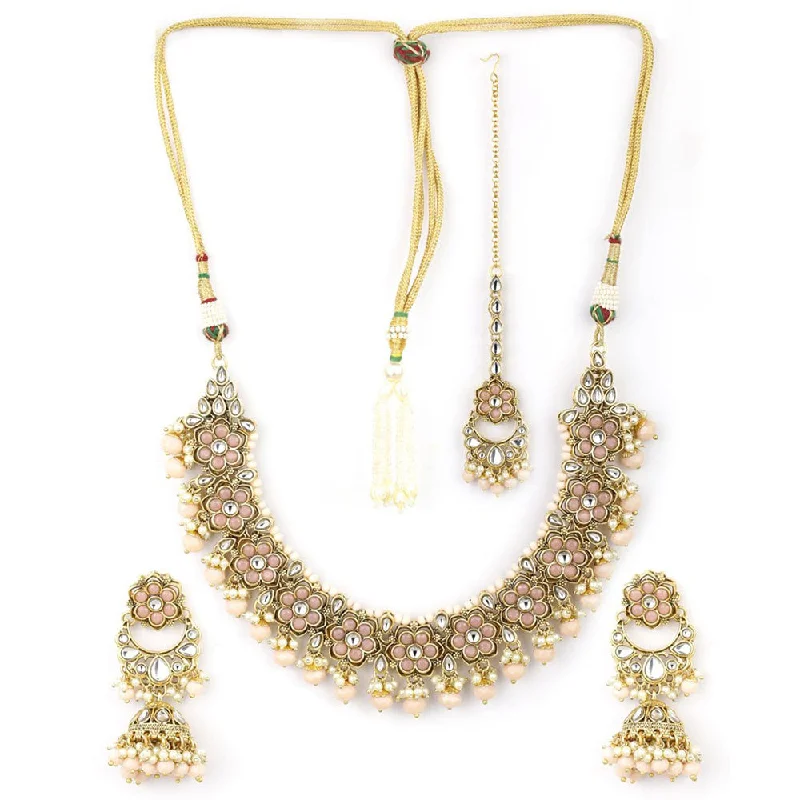 women’s platinum necklace-Rasmm Creations Gold Plated Kundan And Pearl Necklace Set