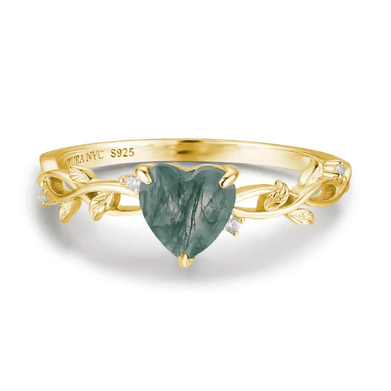 women’s stackable rings set-Everlasting Heart Moss Agate Ring (Yellow Gold)©