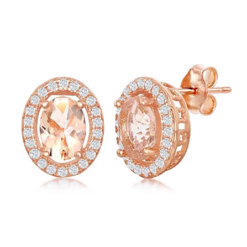 women’s black diamond earrings-Sterling Silver Rose Gold Plated Oval Morganite CZ Stud Earrings