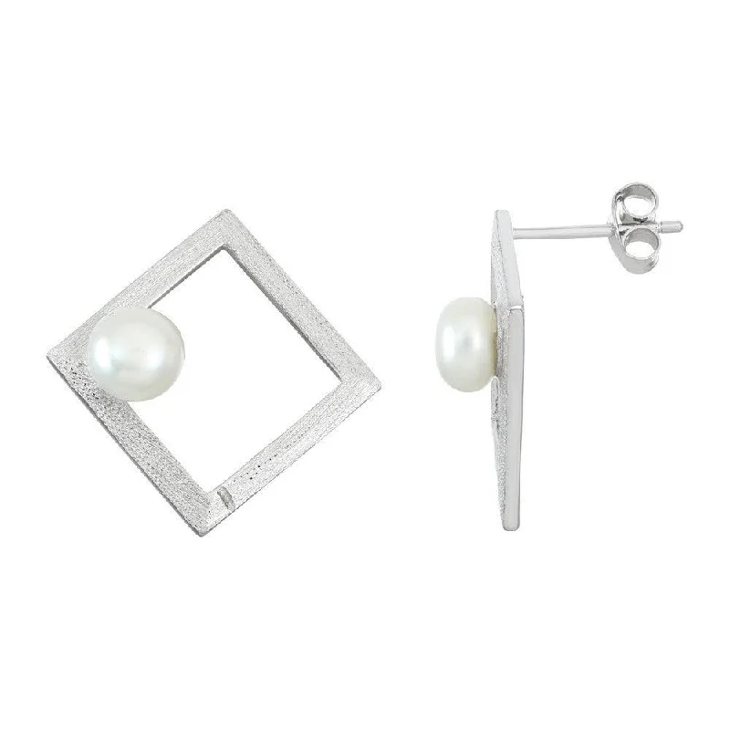 women’s pearl stud earrings-Sterling Silver Open Square with FWP Earrings