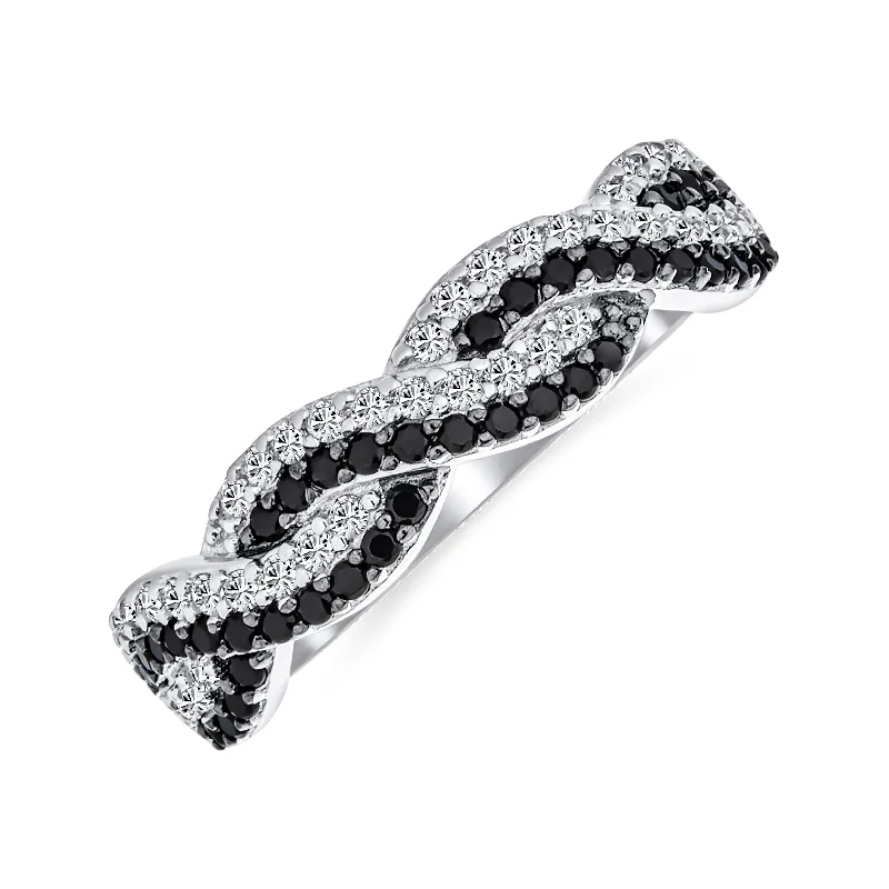 women’s diamond ring-Two Tone Cocktail Statement Ring: Black & White CZ Infinity Band in Sterling Silver