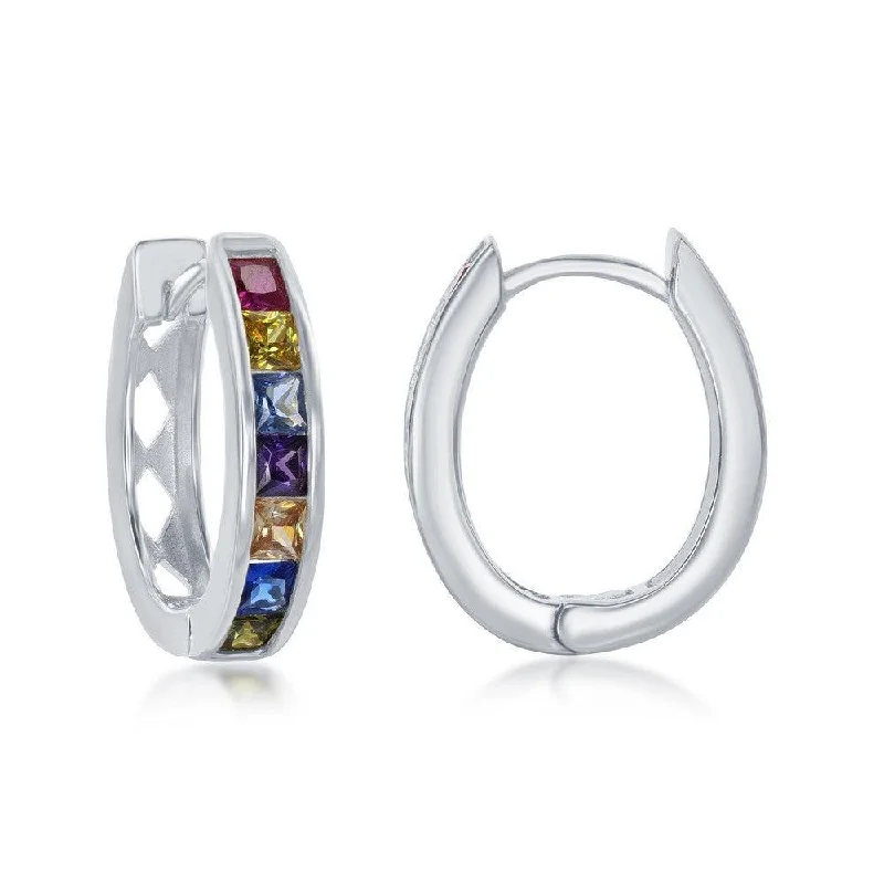 women’s cubic zirconia stud earrings-Sterling Silver Rainbow CZ Oval Hoops Earrings