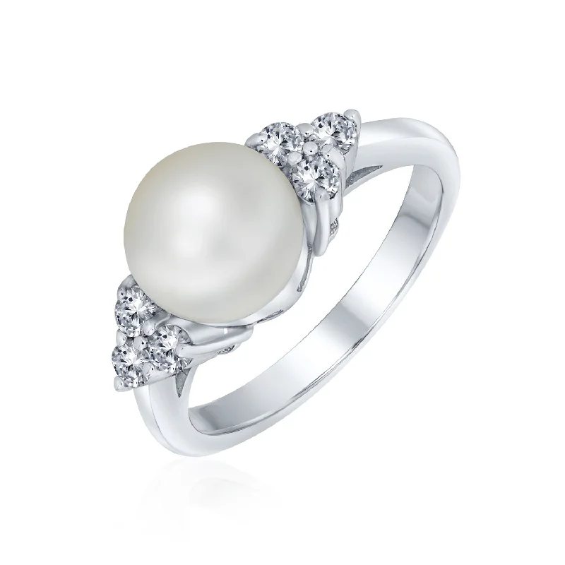 women’s gold wedding ring-Bridal CZ Halo Pearl Cocktail Statement Ring in Sterling Silver Solitaire Style