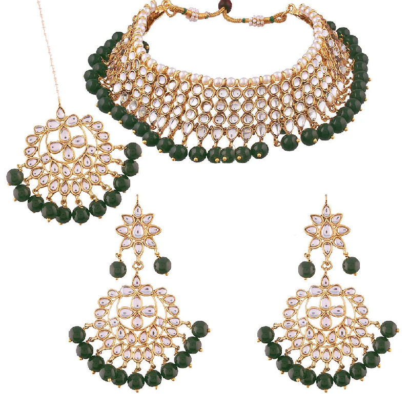 women’s crystal and pearl necklace-Etnico 18K Gold Plated Traditional Handcrafted Kundan & Pearl Studded Choker Necklace Jewellery Set with Earrings & Maang Tikka (K7075G)