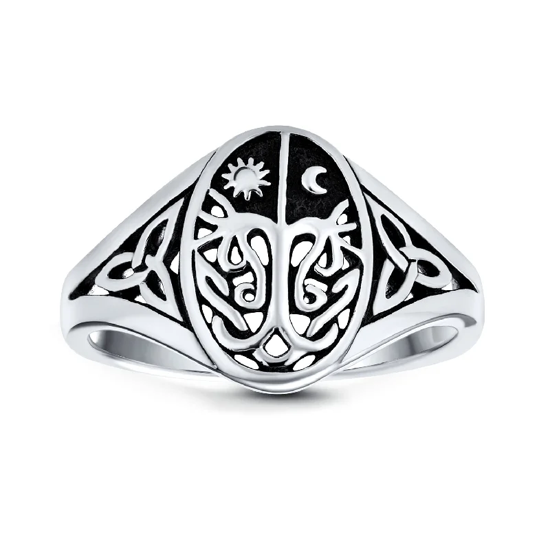 women’s luxury engagement ring-Celestial Celtic Sun Moon Tree Of Life Signet Silver Ring Antique Style Sterling