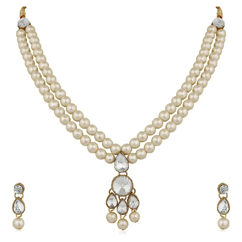 women’s gold necklace-Mahi Traditional Jewellery Kundan and Artificial Pearl Layered Necklace Set with Earrings for Women (VNCJ100254WHT)