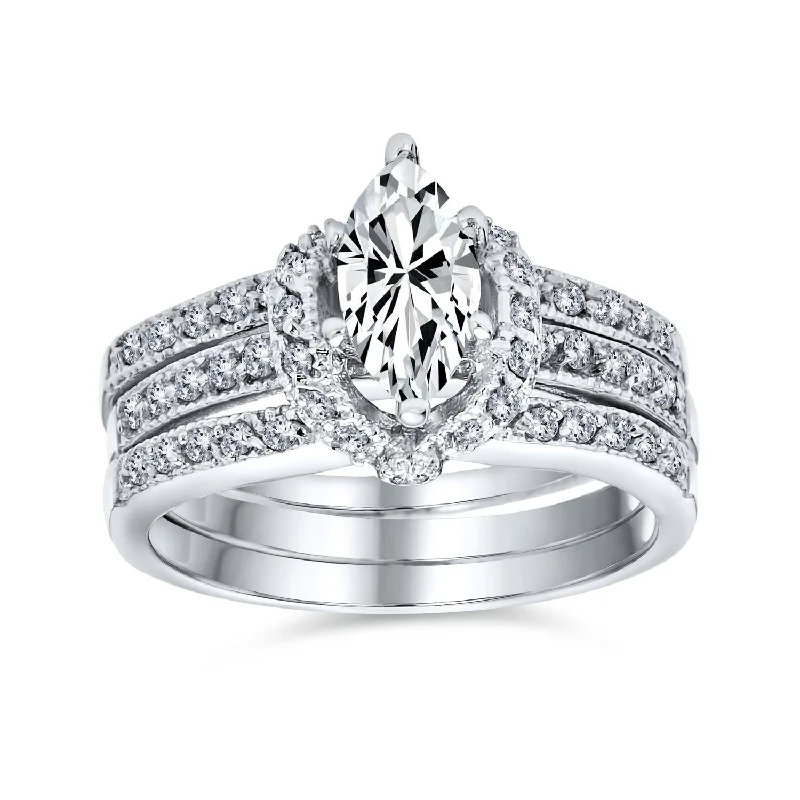 women’s diamond eternity ring-2CT CZ Cocktail Statement Ring: Halo Solitaire Marquise Baguette Band in Sterling Silver