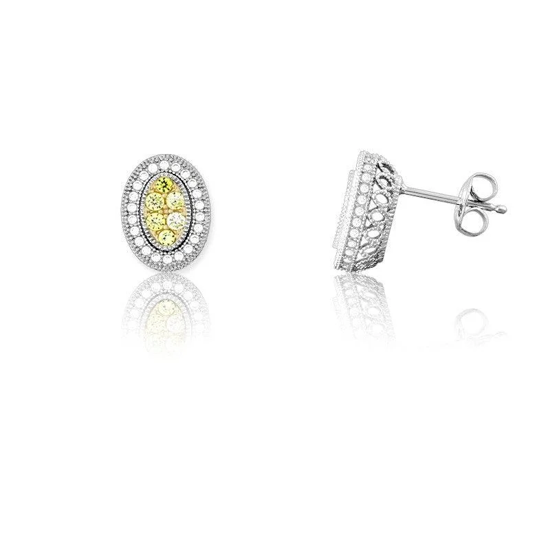 women’s wedding earrings-Sterling Silver Oval Canary Micro Pave Earrings