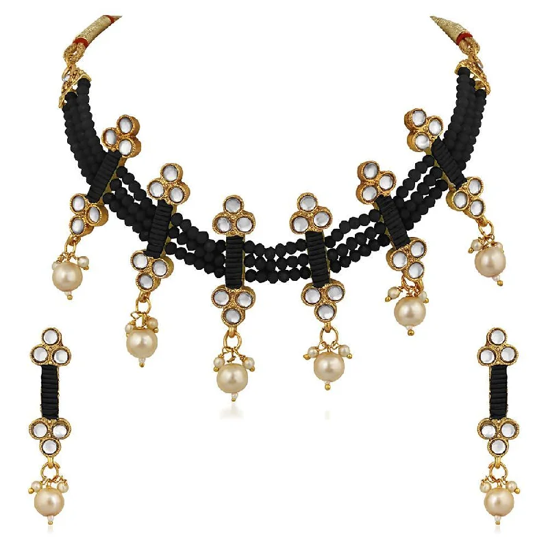 women’s cross necklace-Mahi Traditional Floral Kundan & Black Beads Layered Choker Necklace Jewellery Set for Women (VNCJ100261BLK)