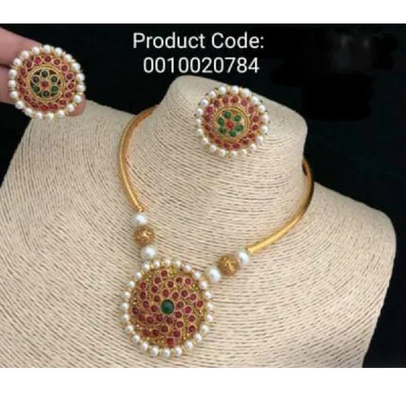 women’s choker necklace-India Art Gold Plated Pink & Green Pota Stone Necklace Set