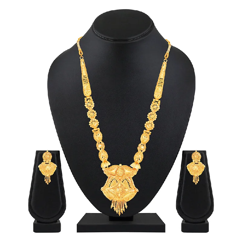 women’s simple gold necklace-Darshana Jewels Gold Plated Traditional Wedding Long Necklace Set for Women (NL1108087G)