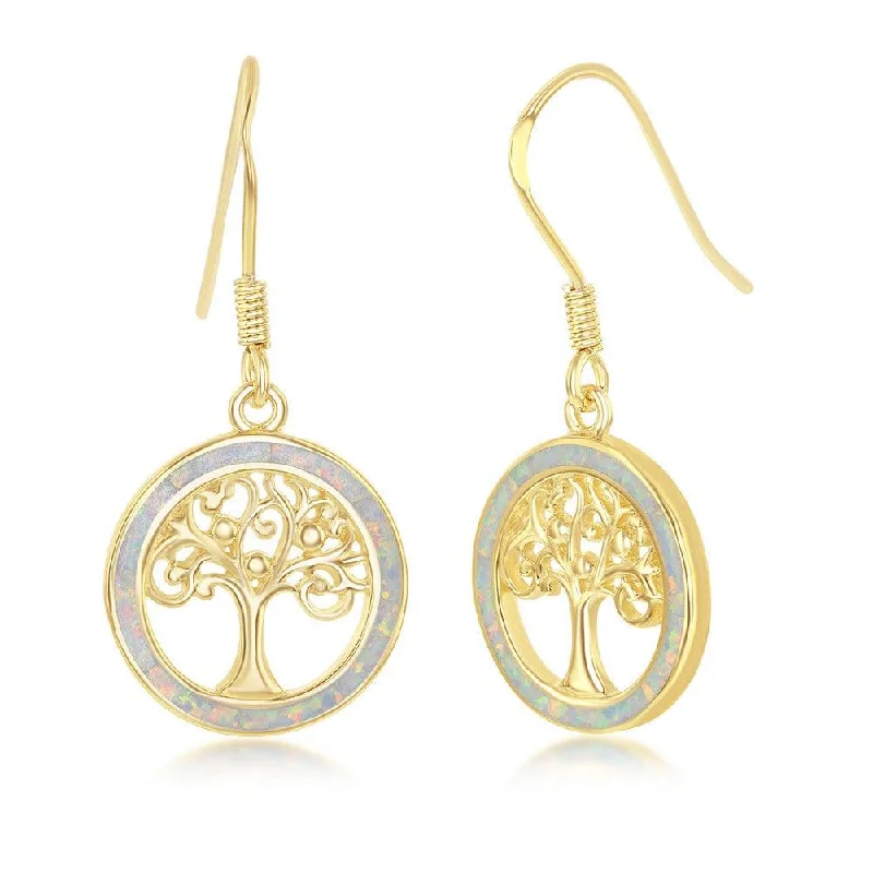 women’s drop earrings-Sterling Silver White Inlay Tree of Life Earrings