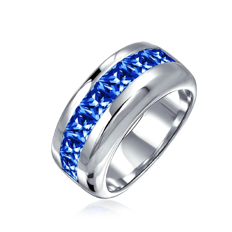 women’s stackable rings-Unisex Cocktail Statement Ring with Blue Sapphire CZ in Sterling Silver Band