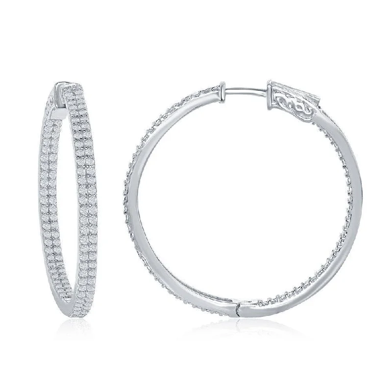 women’s silver drop earrings-Sterling Silver Double Row CZ Hoop Earrings, 3 x 40 mm