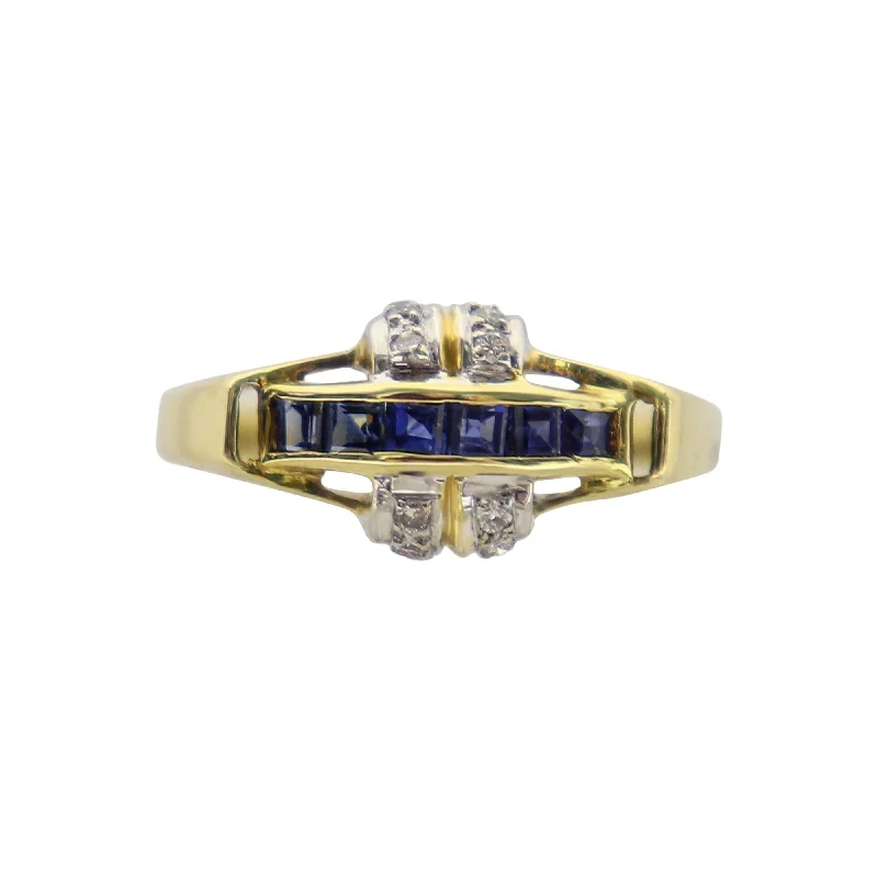 18 kt Yellow Gold Princess cut Channel set Sapphire and Diamond Ring