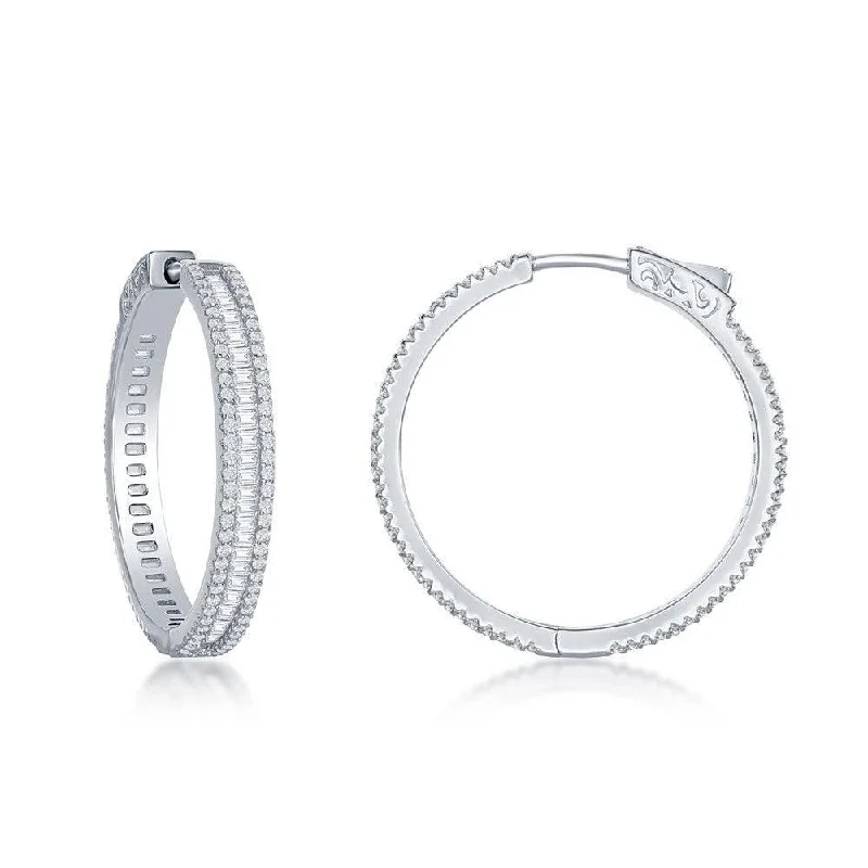 women’s gold earrings-Sterling Silver Baguette CZ 30mm Hoop Earrings