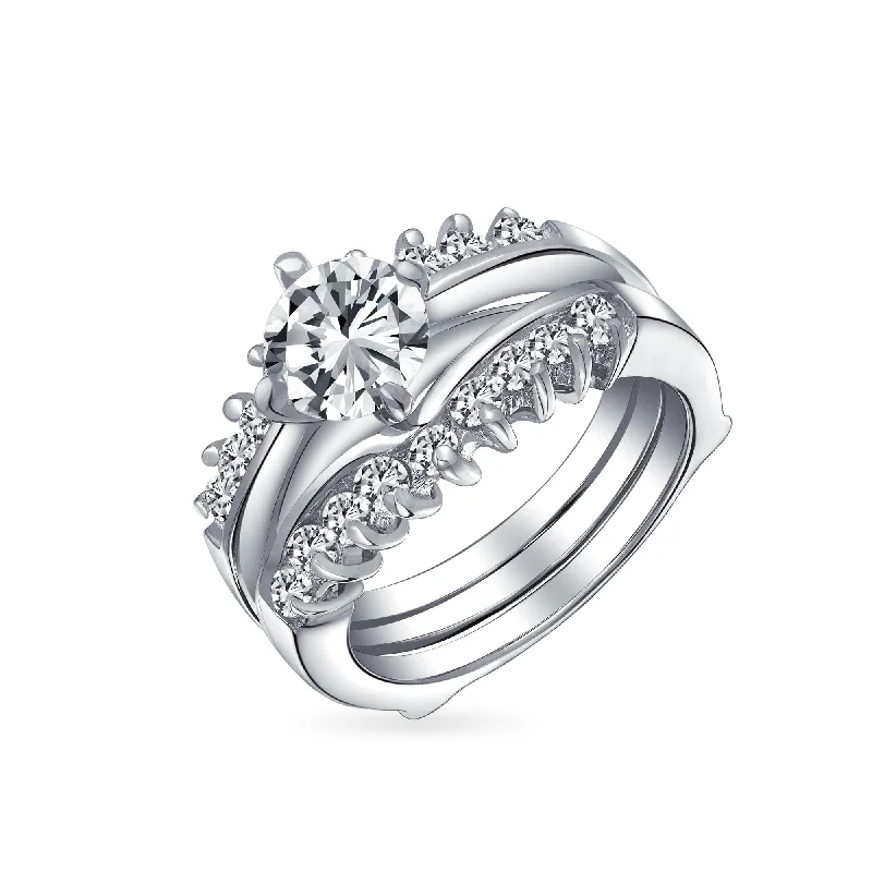 women’s silver ring-Cocktail Statement Ring: 1CT Round Solitaire CZ Band Guard Enhancer in Sterling Silver