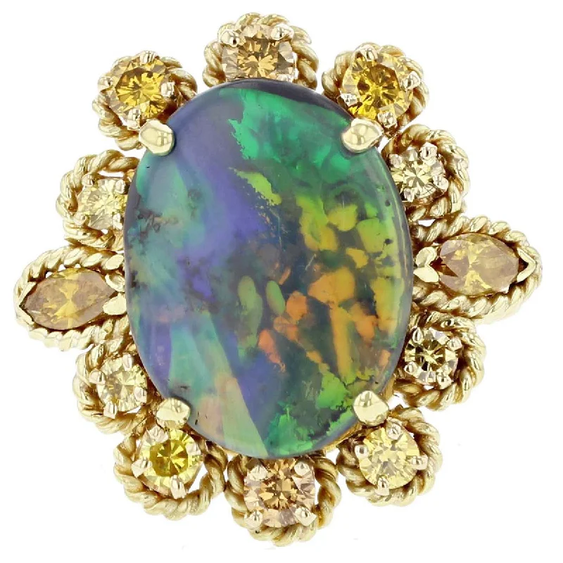 18K Yellow Gold Black Opal and Yellow Diamond Ring