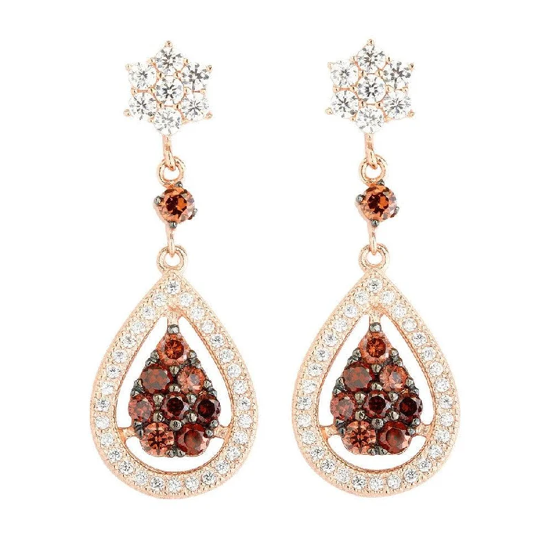 women’s birthstone earrings-Sterling Silver Rose Gold Teardrop CZ Pave Earrings