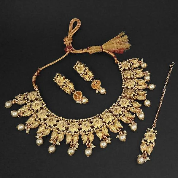 women’s bar necklace-Amina Creation Gold Plated Brown Austrian Stone Necklace Set With Maang Tikka -1107992A