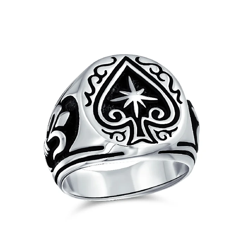 women’s gemstone solitaire ring-Mens Silver Ring with Antiqued Black Ace of Spades Design Sterling Silver Casino Style