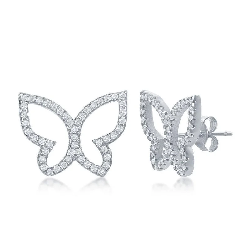 women’s designer earrings-Sterling Silver Open Butterfly CZ Stud Earrings