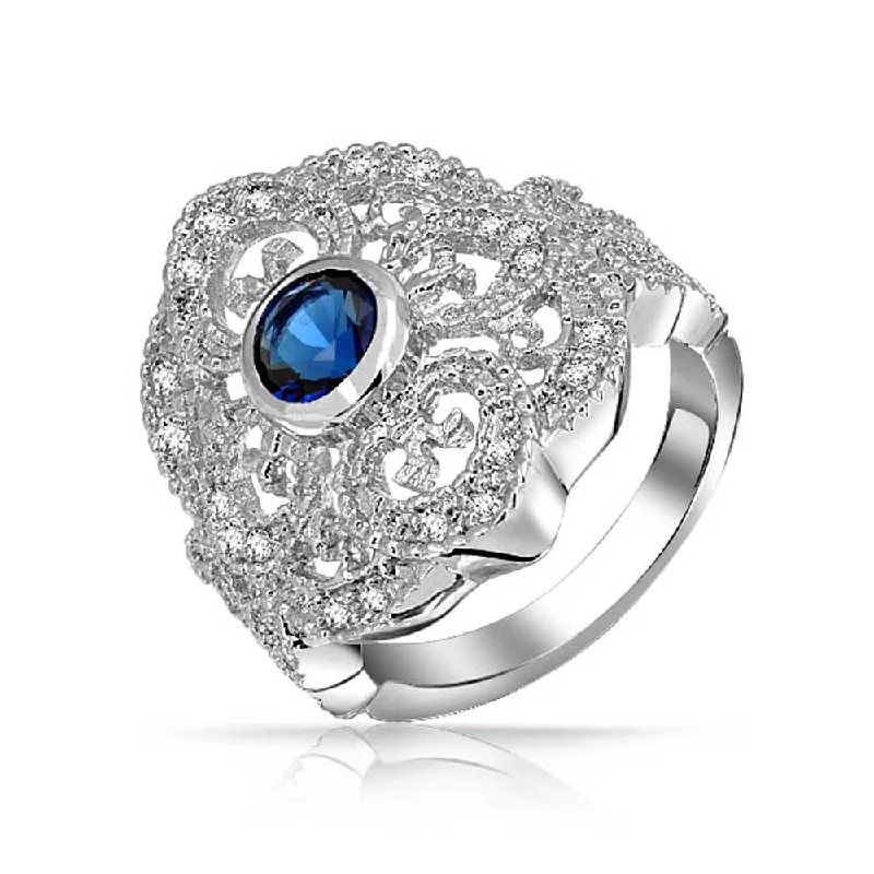 women’s gemstone ring-Boho Vintage Blue CZ Filigree Cocktail Statement Ring Silver Plated Brass