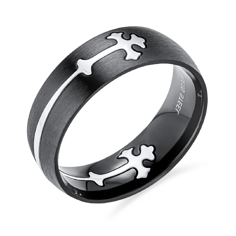 women’s heart ring-Mens Stainless Steel Religious Maltase Fleur De Lis Cross Black Wedding Band Ring