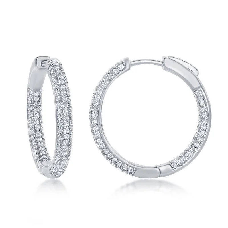 women’s vintage stud earrings-Sterling Silver Micro Pave CZ Hoop Earrings, 3 x 25 mm