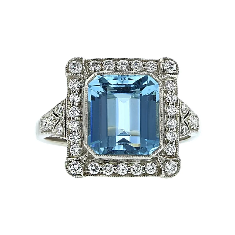 Platinum Emerald-Cut Aquamarine and Diamond Ring