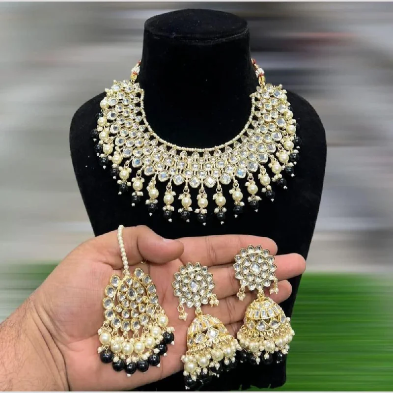 women’s crystal and pearl necklace-Hira Collections Gold Plated Kundan Stone And Pearls Choker Necklace Set