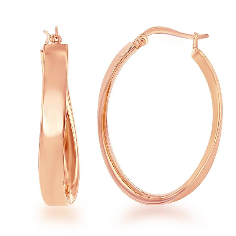 women’s dangly earrings-Sterling Silver Rose Gold Plated Curved Oval Hoop Earrings