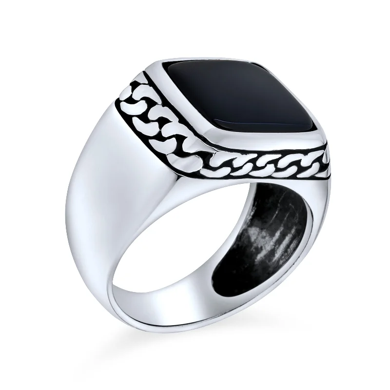 women’s chunky ring-Retro Classic Mens Silver Ring with Black Onyx Gemstone and Chain Link Accent