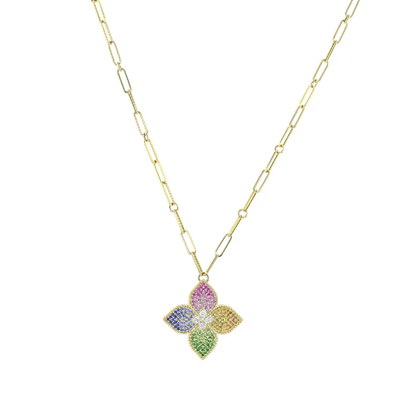 women’s stylish necklace-Princess Flower 18K Gold Mixed Sapphire Necklace