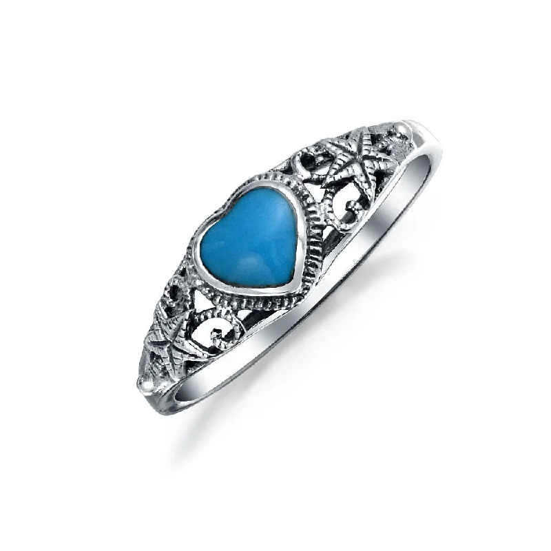 women’s turquoise ring-Silver Ring with Nautical Starfish and Turquoise Heart - December Birthstone