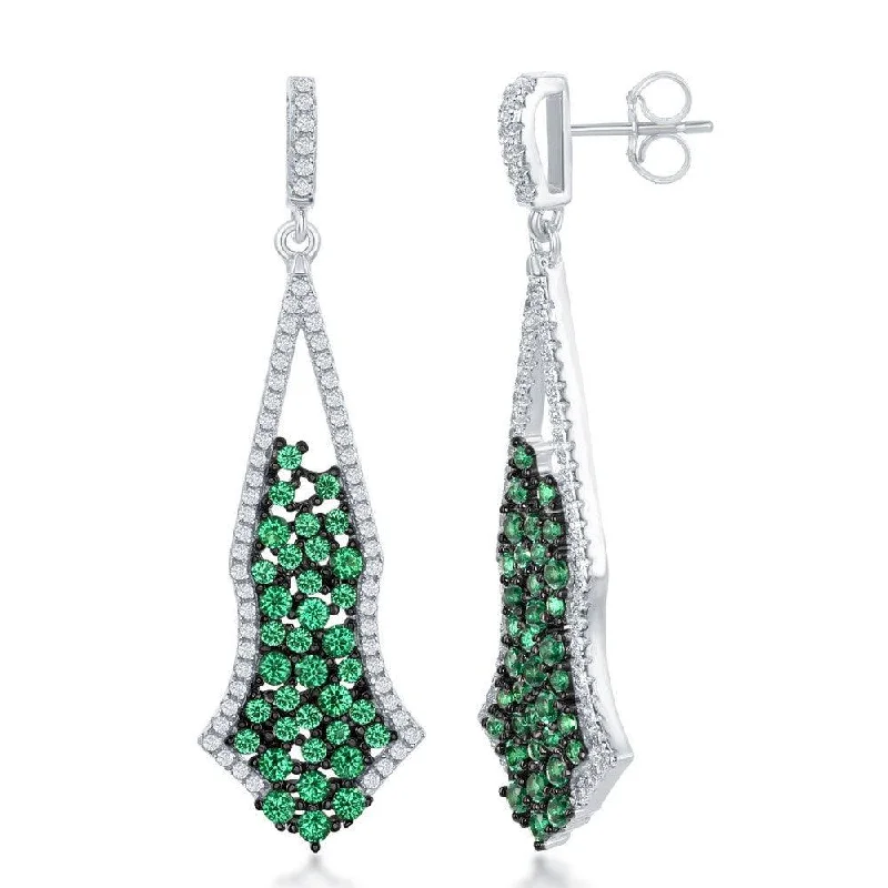 women’s cubic zirconia stud earrings-Sterling Silver Green CZ Center Long Earrings