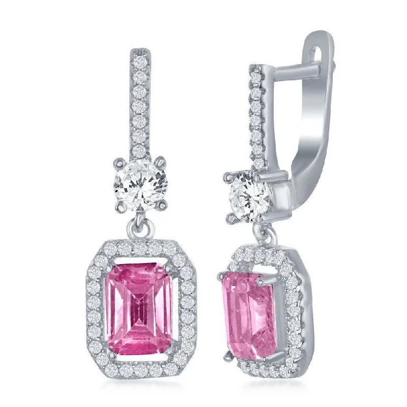 women’s heart-shaped stud earrings-Sterling Silver Center Pink Emerald Cut CZ Earrings